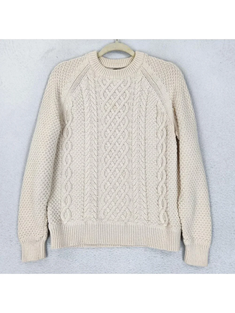 J Crew Sweater Mens Medium Cream Heritage Cotton Cable Knit Crew Neck Fisherman